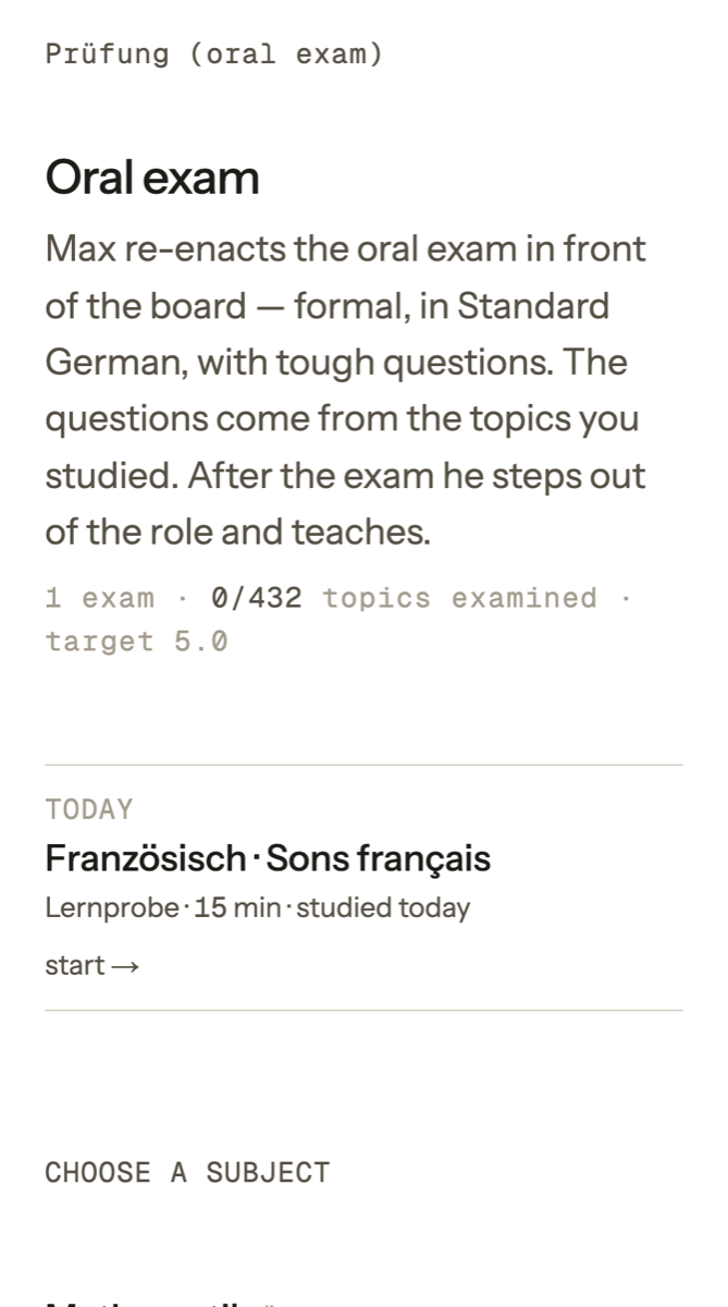 MAX app: oral exam home screen (interface labels in English)
